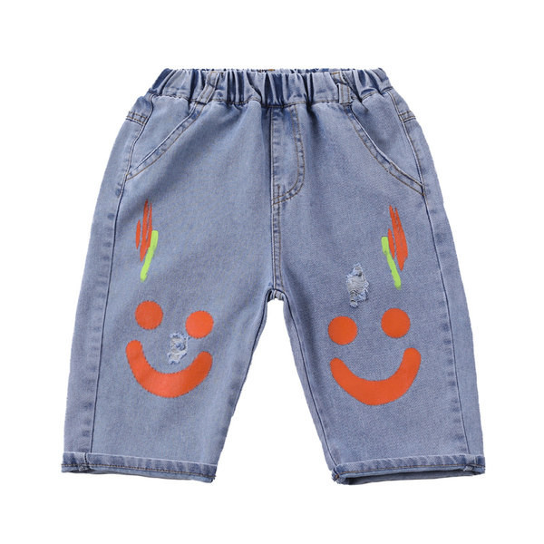 Къси детски дънкови панталони с цветна апликация и джобове