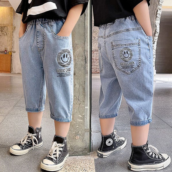 Детски 3/4 панталони с бродерия в син цвят 