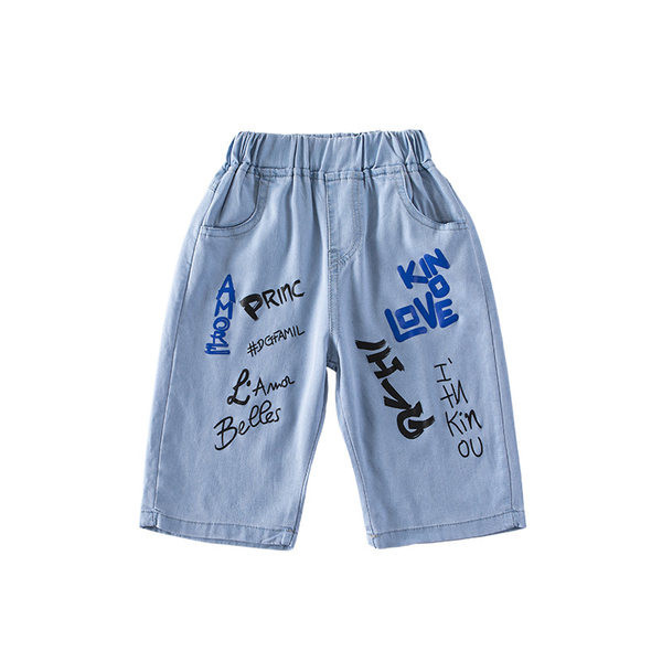 Детски дънкови панталони с надписи и джобове 