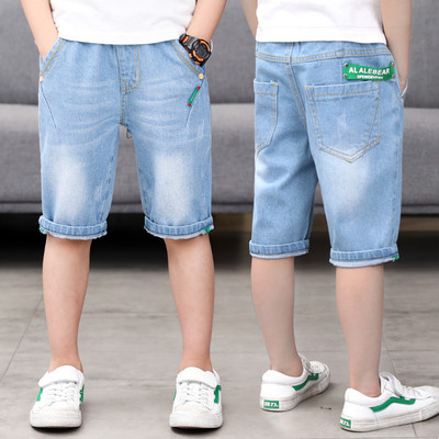 Детски дънкови панталони с щампа в син цвят 