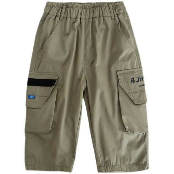 Детски къси панталони с ластична талия и джобове в зелен и черен цвят 