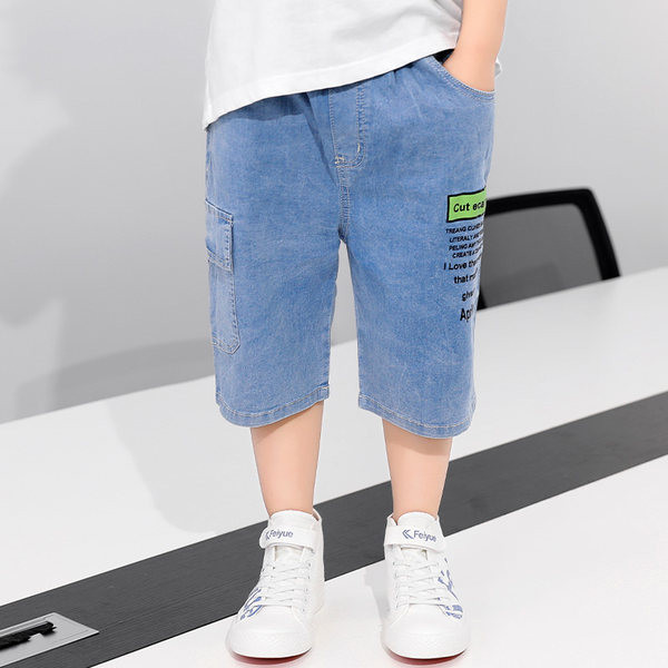 Детски къси панталони деним с надпис и джобове