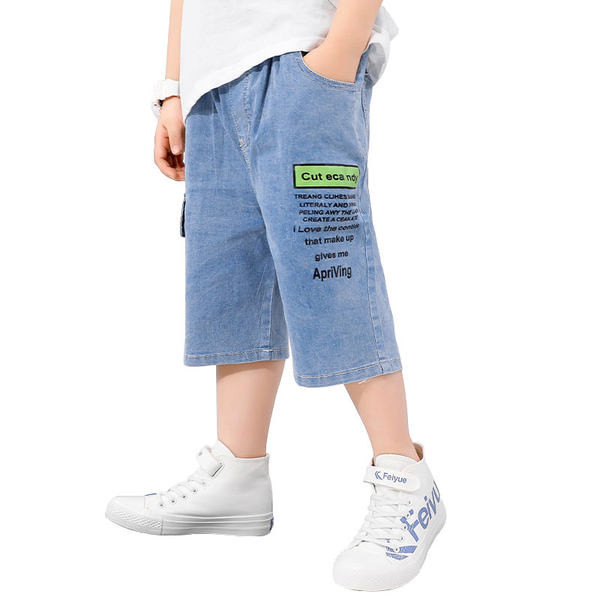 Детски къси панталони деним с надпис и джобове