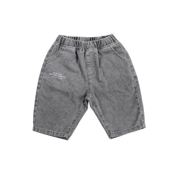 Детски къси дънки с джоб и надпис в сив цвят 