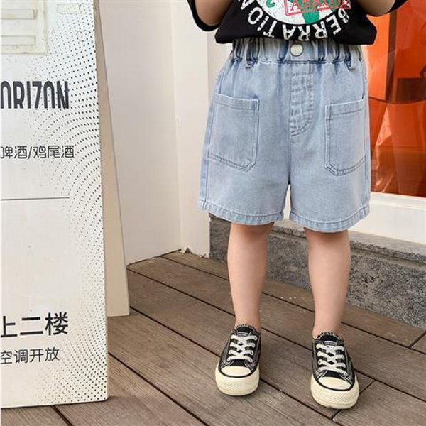 Летни детски дънкови панталони с джобове и ластик