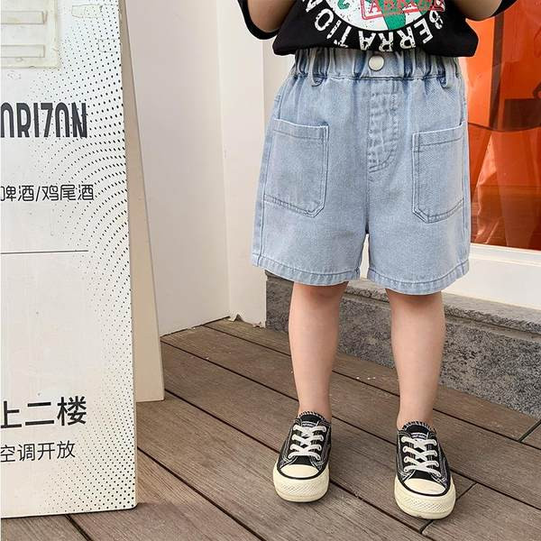 Летни детски дънкови панталони с джобове и ластик