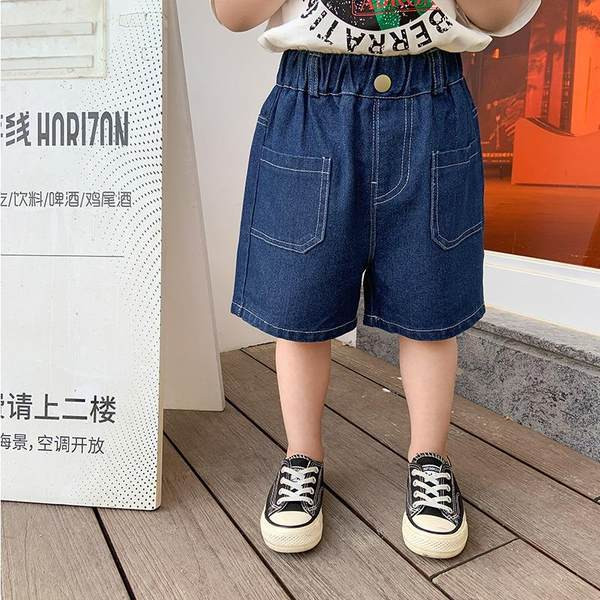 Летни детски дънкови панталони с джобове и ластик