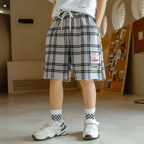 Детски ежедневни карирани шорти за момчета с връзки 