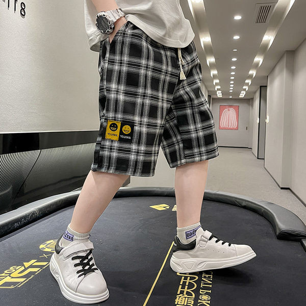 Детски карирани панталони с връзки и шампа 