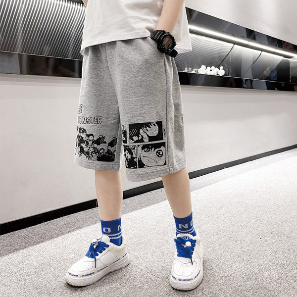 Детски къси панталони в сив и черен цвят с джобове