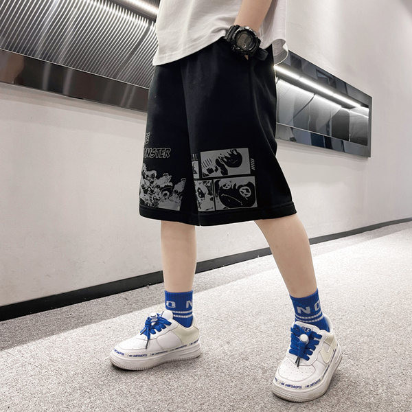 Детски къси панталони в сив и черен цвят с джобове