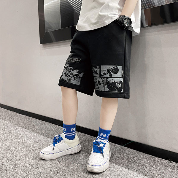 Детски къси панталони в сив и черен цвят с джобове