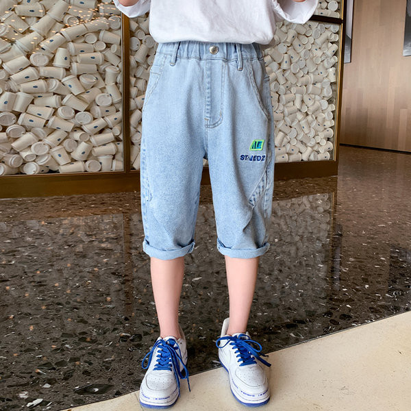 Детски модерни дънки с ластична талия и копче