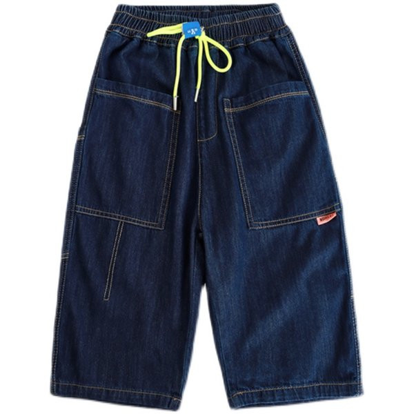 Актуални детски дънки с джобове и връзки 