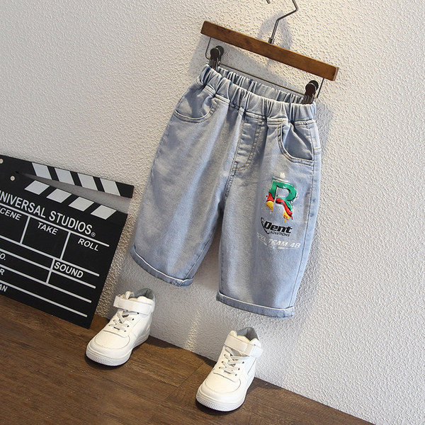 Дънкови детски панталони с цветна апликация и ластик