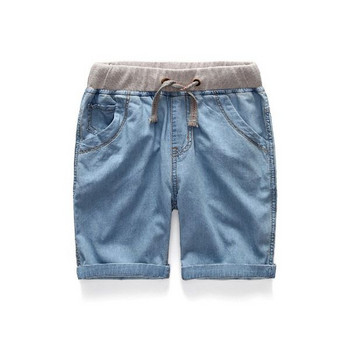 Нов модел къси дънкови панталони за момчета с еластична талия и връзки 