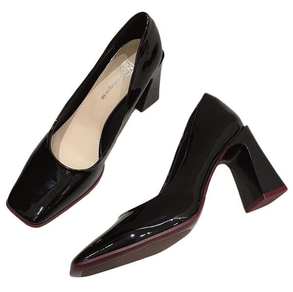 Γυναικεία τετράγωνα έκο δερμάτινα παπούτσια με χοντρό τακούνι