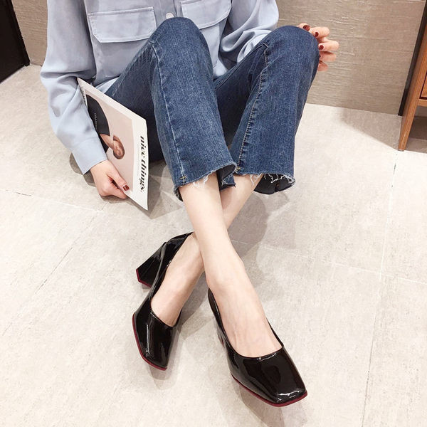 Γυναικεία τετράγωνα έκο δερμάτινα παπούτσια με χοντρό τακούνι