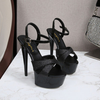 Κομψά γυναικεία σανδάλια με διακοσμητικές πέτρες και ψηλά τακούνια - 15 cm