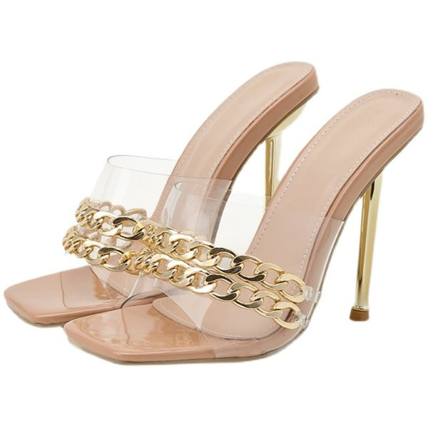 Γυναικείες παντόφλες με μεταλλική αλυσίδα και λεπτό τακούνι