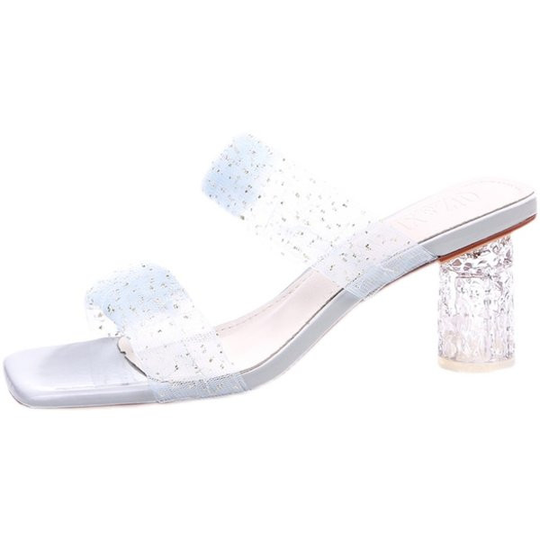 Γυναικείες παντόφλες με διαφανά λουράκια και τετράγωνο τακούνι