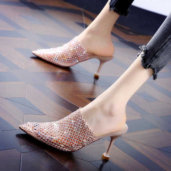 Naiste õhukese kontsaga ja dekoratiivkividega võrgust sussid