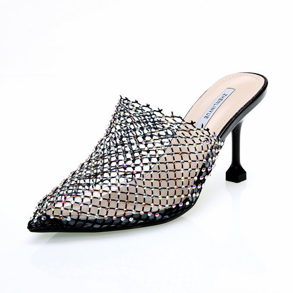 Naiste õhukese kontsaga ja dekoratiivkividega võrgust sussid