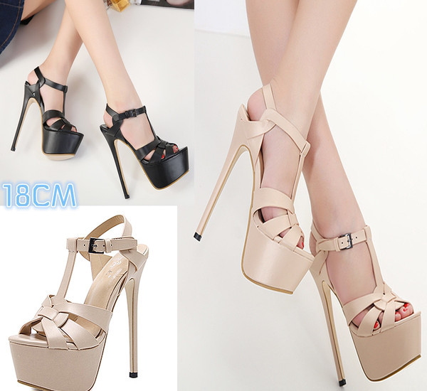 Γυναικεία έκο δερμάτινα σανδάλια με ψηλά τακούνια σε μπεζ και μαύρο χρώμα