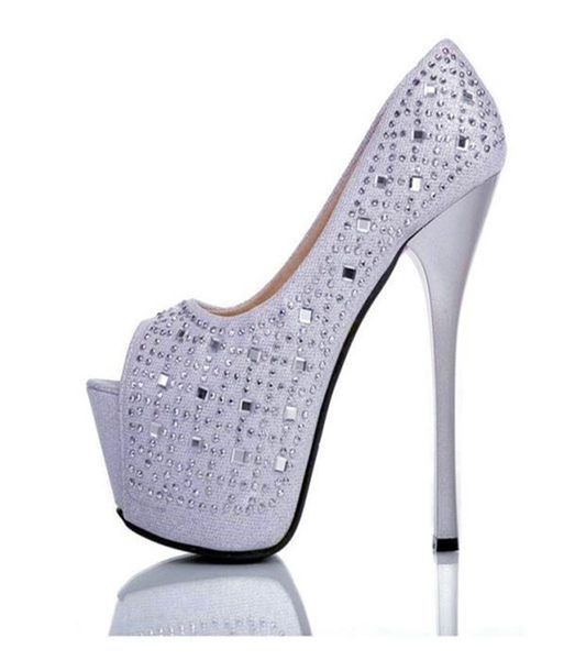 Γυναικεία παπούτσια με διακοσμητικές πέτρες και ψηλά τακούνια σε τρία χρώματα