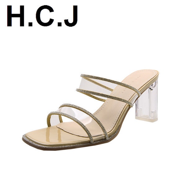 Γυναικείες παντόφλες με διάφανό τακούνι και πέτρες σε λευκό και κίτρινο χρώμα