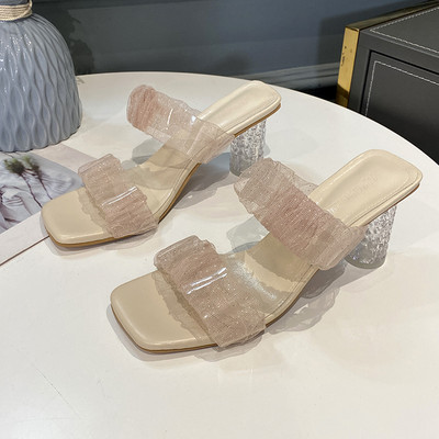 Γυναικείες παντόφλες με τακούνι  7,5 cm και γυαλιστερά σωματίδια