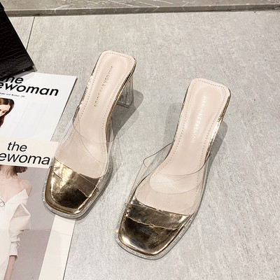 Γυναικείες παντόφλες με παχύ διαφανές τακούνι