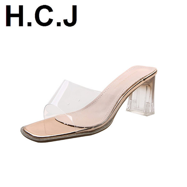 Γυναικείες παντόφλες με παχύ διαφανές τακούνι