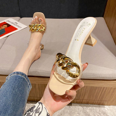 Γυναικείες ψηλοτάκουνες παντόφλες διαφανές μέρος και μεταλλικό στοιχείο