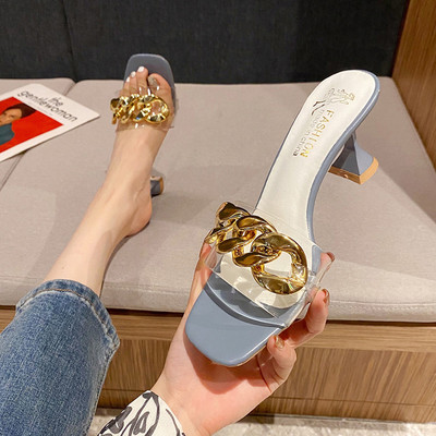 Γυναικείες ψηλοτάκουνες παντόφλες διαφανές μέρος και μεταλλικό στοιχείο