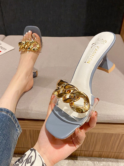 Γυναικείες ψηλοτάκουνες παντόφλες διαφανές μέρος και μεταλλικό στοιχείο