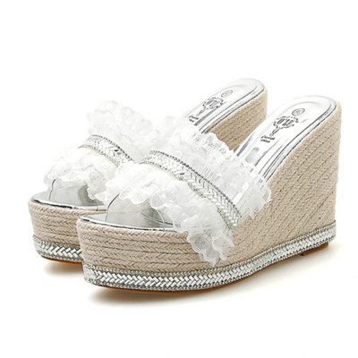 Παντόφλες μοντέρνες γυναικείες  με βολάν και διακοσμητικές  πέτρες - ύψος πλατφόρμας 11,5 cm