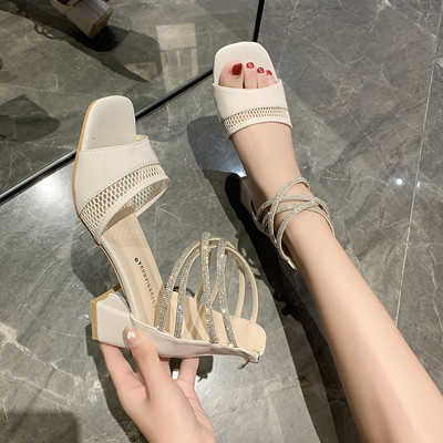 Ženske četvrtaste sandale s patentnim zatvaračem na visoku petu i ukrasnim kamenčićima