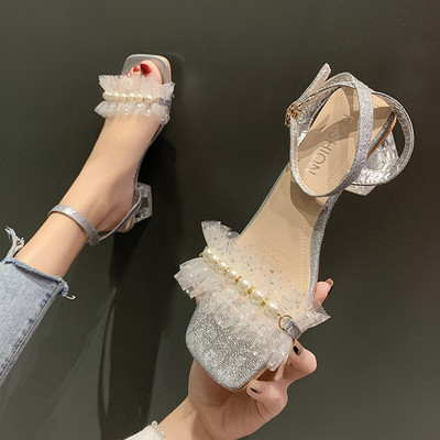 Γυναικεία σανδάλια ψηλοτάκουνα με αγκράφα και πέρλες