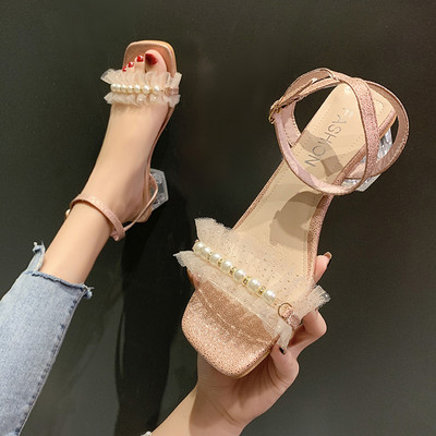 Γυναικεία σανδάλια ψηλοτάκουνα με αγκράφα και πέρλες