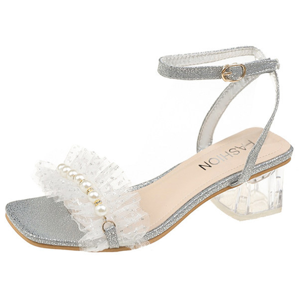Γυναικεία σανδάλια ψηλοτάκουνα με αγκράφα και πέρλες