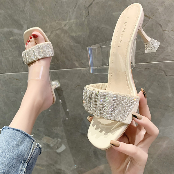 Γυναικείες παντόφλες με διακοσμητικές πέτρες και λεπτό τακούνι σε διάφορα χρώματα