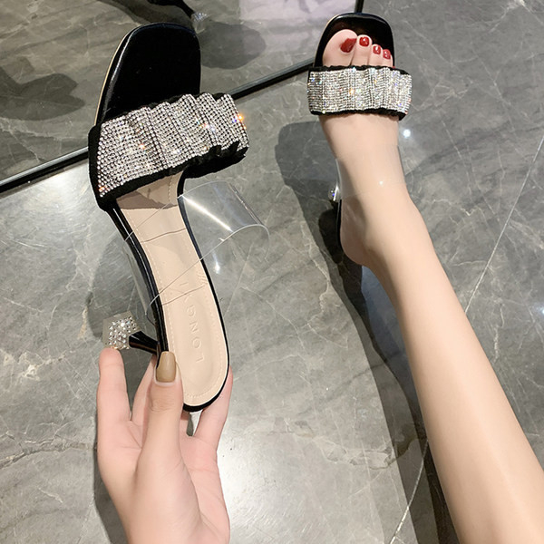 Γυναικείες παντόφλες με διακοσμητικές πέτρες και λεπτό τακούνι σε διάφορα χρώματα