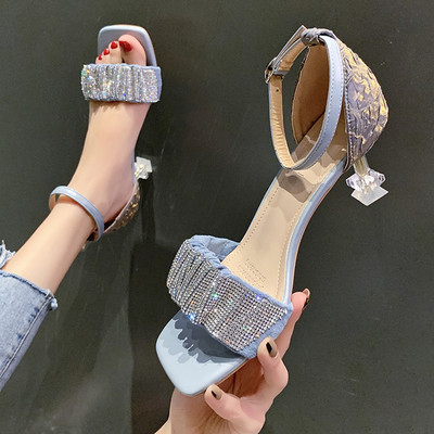 Дамски сандали с камъни и прозрачен ток в три цвята