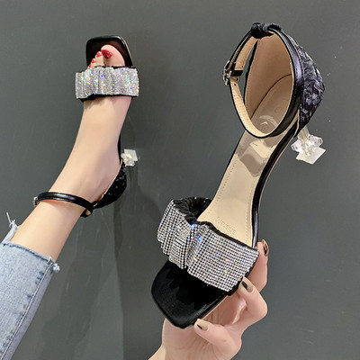 Дамски сандали с камъни и прозрачен ток в три цвята