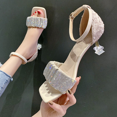 Дамски сандали с камъни и прозрачен ток в три цвята