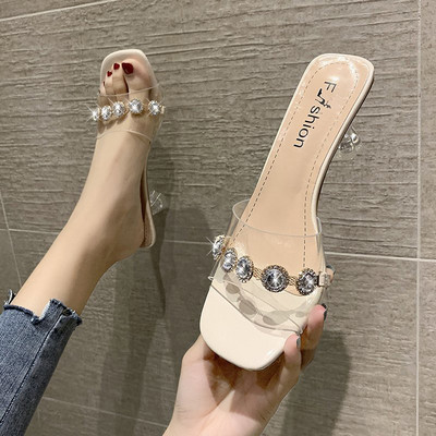 Γυναικείες τετράγωνες παντόφλες με λεπτό τακούνι  και διακοσμητικές πέτρες