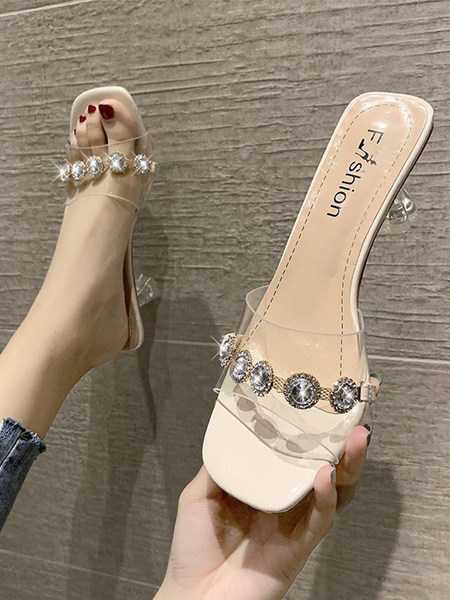 Γυναικείες τετράγωνες παντόφλες με λεπτό τακούνι  και διακοσμητικές πέτρες