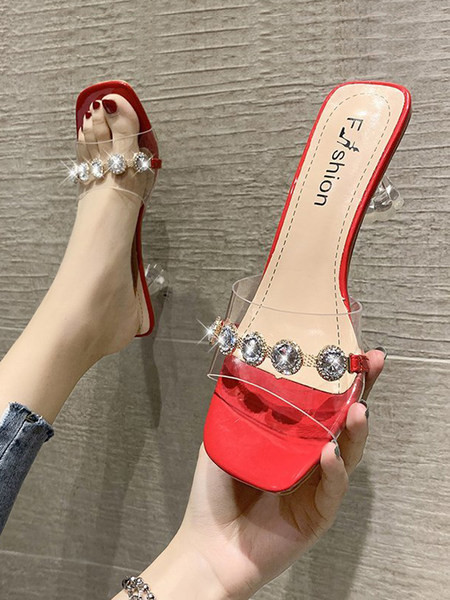 Γυναικείες τετράγωνες παντόφλες με λεπτό τακούνι  και διακοσμητικές πέτρες