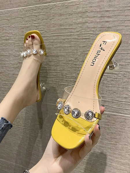 Γυναικείες τετράγωνες παντόφλες με λεπτό τακούνι  και διακοσμητικές πέτρες